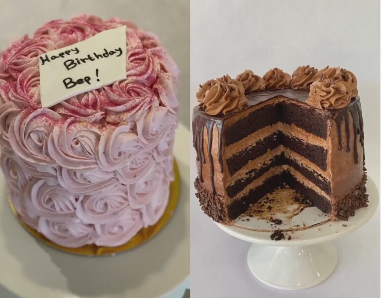 Pink rosette birthday cake and a sliced layered chocolate cake with chocolate frosting