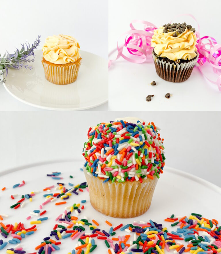 Three cupcakes: vanilla with buttercream, chocolate chip, and vanilla covered in rainbow sprinkles